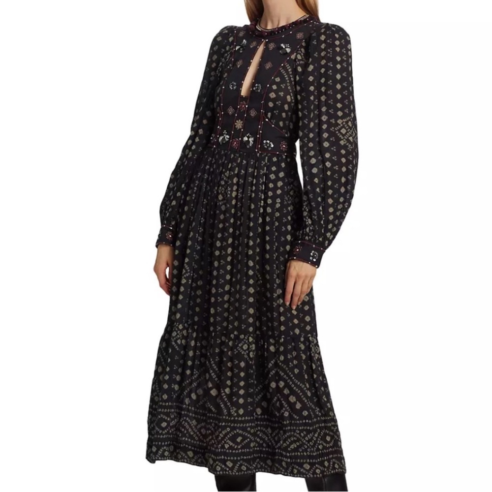 SEA Black and White Plunge Neck Bishop Sleeve Sundress